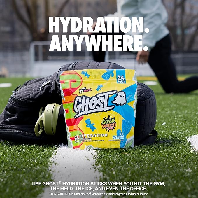GHOST Hydration Packets, Sour Patch Kids Blue Raspberry, 24 Sticks, Electrolyte Powder - Drink Mix Supplement with Magnesium, Potassium, Calcium, Vitamin C - Vegan, Free of Soy, Sugar & Gluten