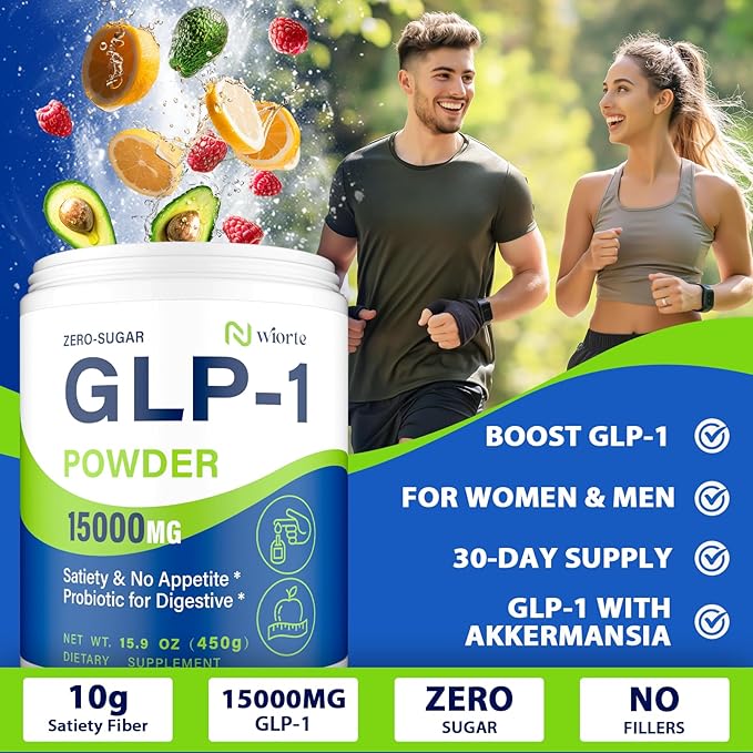 GLP-1 Supplement, Max Strength GLP-1 GLP1 Powder Supplements for Women & Men, Natural GLP-1 Support with Akkermansia Probiotic, High Fiber for Digestive & Gut, Metabolism, Energy, Vegan, 4 Pack