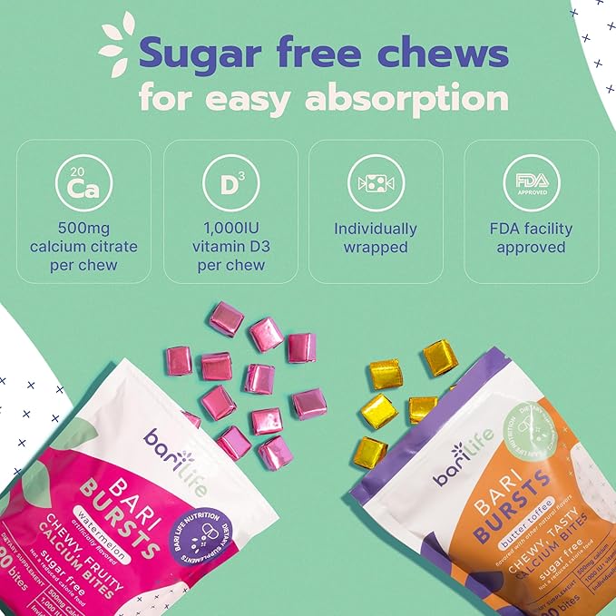 Calcium Citrate Bariatric Calcium Chews with 1000 IU Vitamin D3 - Ideal for Bariatric Patients - BariBurst by Bari Life (Fruit Punch)
