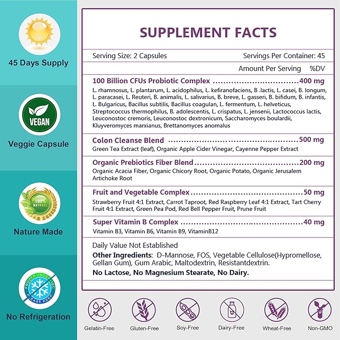 NATURE TARGET Probiotics for Women-Men-Kids Digestive Health, Prebiotics and Probiotics for Women, 100 Billion for Gut and Immune Health, No Refrigeration, 90 Veggie Capsules (45 Days Supply)