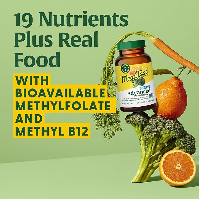MegaFood Men's 55+ Advanced Multivitamin for Men - Doctor-Formulated -Choline, Vitamin D, Vitamin B12 – Plus Real Food – Brain Health Supplement for Adults & Immune Support - 120 Tabs (60 Servings)