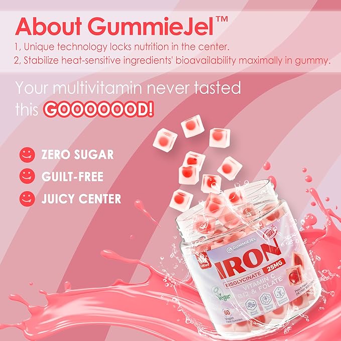 Vegan Iron Supplement for Women 25mg, Sugar Free Iron Gummies with Vitamin C, Methy B12, Folate for Energy Boost, Iron Deficiency, No After Taste, Peach Flavor - 60 Count (Pack of 2)