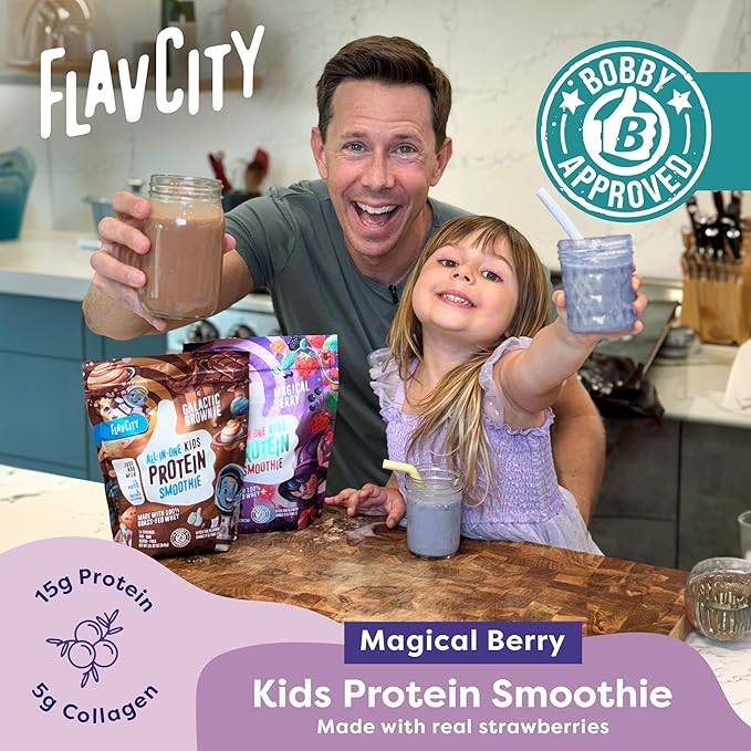 FlavCity Kids Protein Shake Powder - Magical Berry Smoothie - 15g Undenatured Whey Protein Powder for Kids - 5g Grass-Fed Bovine Collagen Peptides - Gluten-Free & Non-GMO (15 Servings)