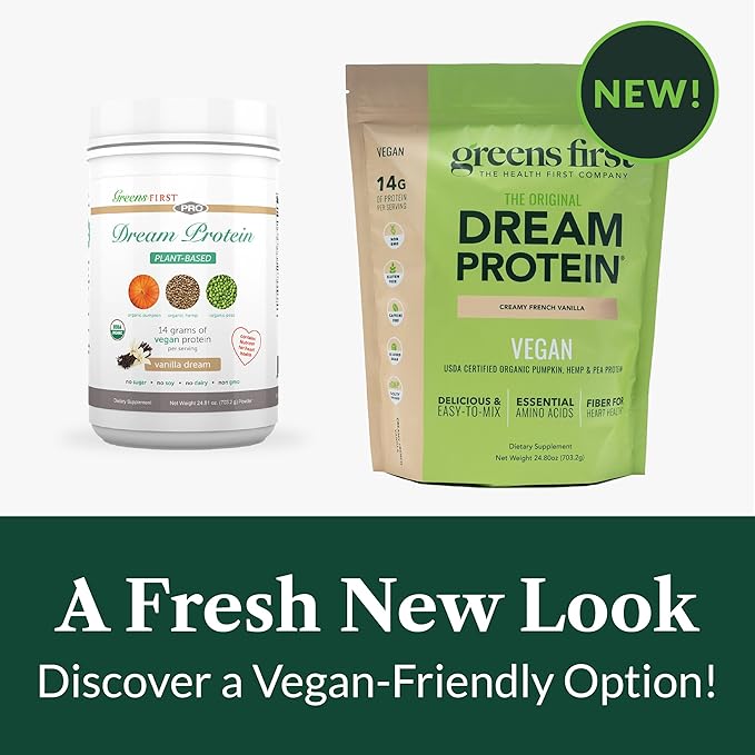 Greens First Dream Protein Plant-Based Vegan Powder - USDA Organic Pumpkin, Hemp & Pea Protein - Gluten-Free, Non-GMO, No Added Sugar (Creamy French Vanilla, 24.8 oz)