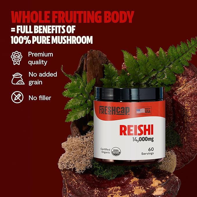 FreshCap Reishi Mushroom Powder 14,000mg - Organic Mushroom Extract Supplement Powder, Ayurveda Nootropic Red Reishi Supplement Blend (60 Servings)