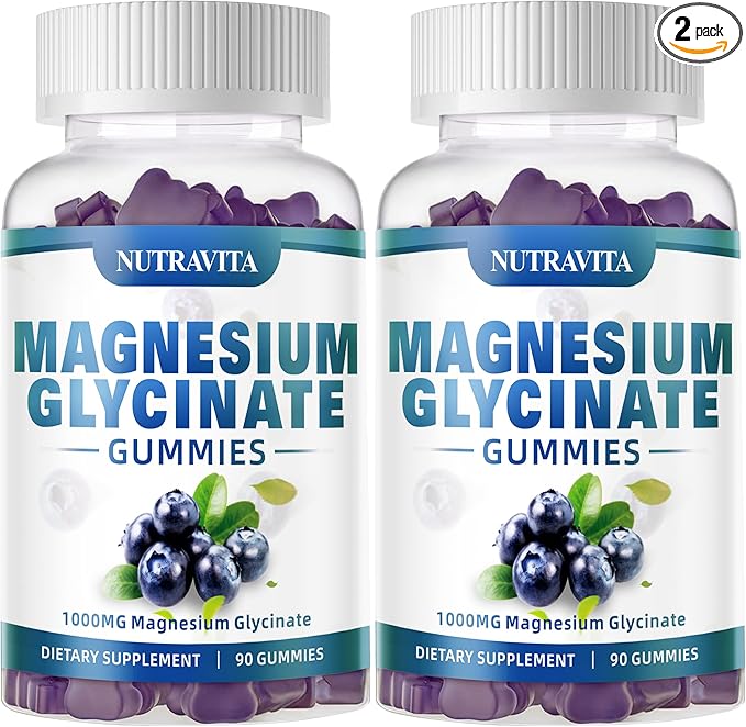 Magnesium Glycinate Gummies 1000mg with Magnesium L-Threonate,Chelated Magnesium Potassium Complex Supplement with VitD, B6, CoQ10, Calcium,Supports for Memory, Calm, Mood - 180 Gummies Blueberry