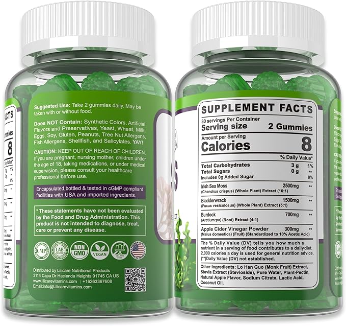 Sea Moss Gummies- Immune & Thyr0id Support, Organic Irish Sea Moss Supplement for Adults & Kids w/Burdock Root, Bladderwrack, Apple Cider Vinegar - Gut, Skin Health, Sugar Free, Vegan, 60Cts