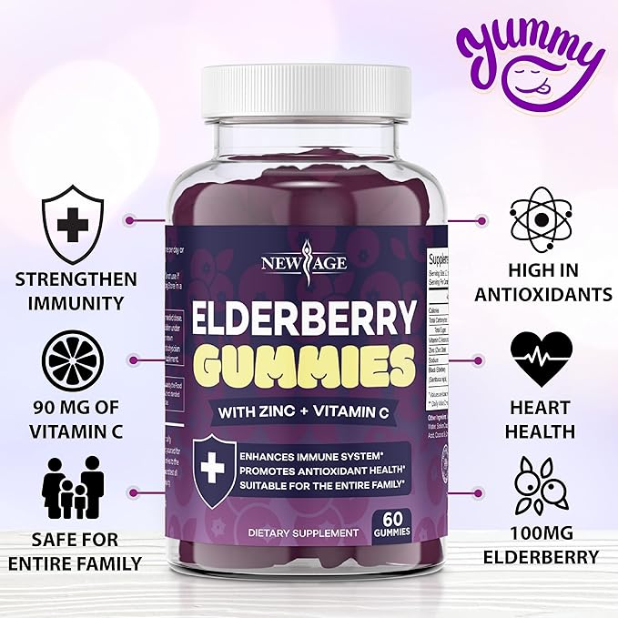 NEW AGE (2-Pack) Premium Elderberry Gummies for Adults Kids with Vitamin C, Zinc, Propolis - Sambucus Black Elderberry Gummy Extract - Gluten Free & Vegetarian - 120 Gummies