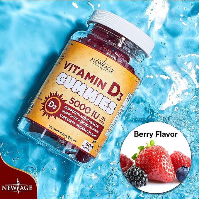 NEW AGE Vitamin D3 5000 IU 125mcg Gummies - Support Immune Support, Strong Bone Health - Non-GMO, Gluten-Free, Dairy-Free, No Gelatin (60 Gummies (Pack of 1))