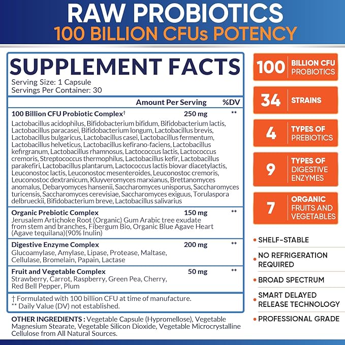 Organic Probiotics 100 Billion CFU, Dr Formulated Probiotics for Women, Probiotics for Men and Adults, Complete Shelf Stable Probiotic Supplement with Prebiotics & Digestive Enzymes; 30 Capsules