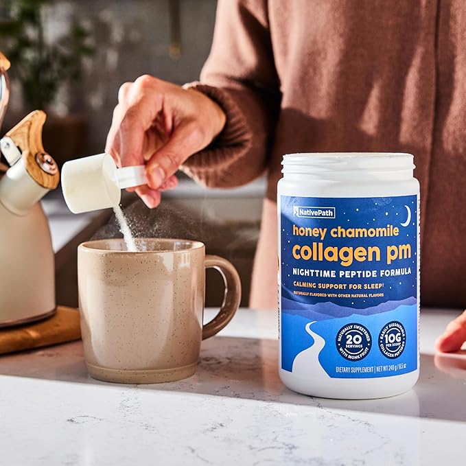 NativePath Collagen PM - Honey Chamomile Nighttime Collagen Peptides Powder with Magnesium, GABA, L-Theanine and Melatonin - 20 Servings