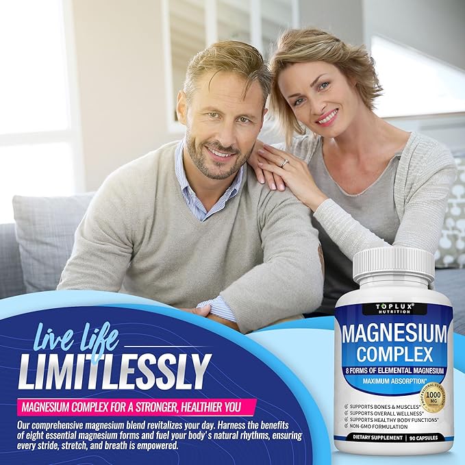 Magnesium Complex Supplement 8 Elemental Magnesium 1000mg - Magnesium Glycinate, Citrate, Malate, Taurate, Chelated for Easy Absorption for Bones, Muscle, Recovery, Energy, Vegan Non-GMO 90 Capsules