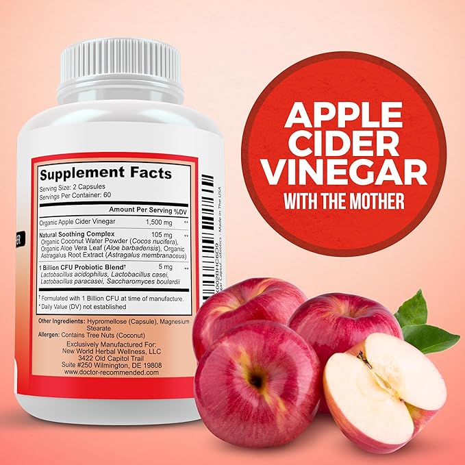 Apple Cider Vinegar Capsules - 100% Organic Apple Cider Vinegar Pills 1500 mg - Natural Digestion, Immune Booster Support & Cleansing Supplement with Probiotics - Made in The USA