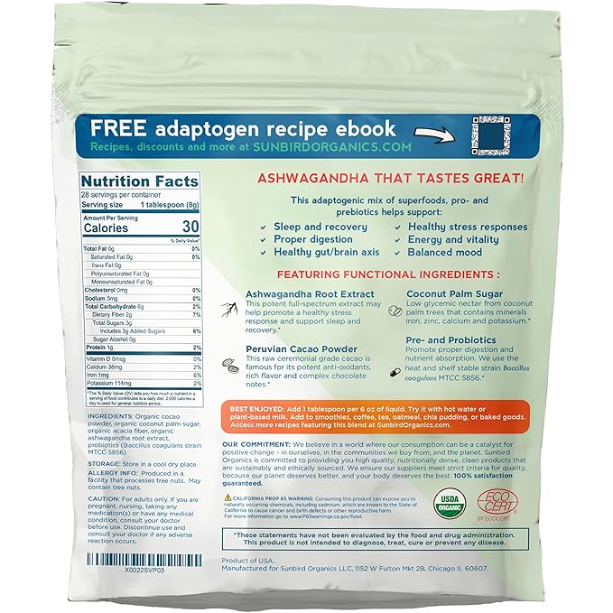 Chocolate Ashwagandha Powder with Probiotics. Healthy Hot Chocolate & Smoothie Mix. Organic Ashwagandha Root Extract, Cacao Powder & Prebiotic Fiber.