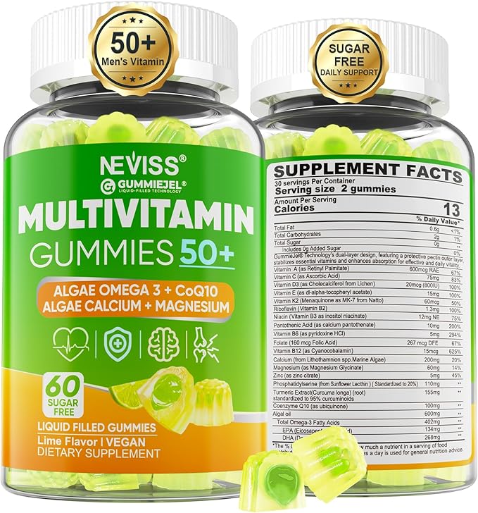 Multivitamin For Men 50 + Plus, Sugar Free Men Multivitamins Gummies w/Omega-3, Coq10, D3k2, Calcium, Magnesium, Zinc, Vitamins A, C & E, Mens Vitamins for π§πΎβ€π±π, Antioxidant, Brain, Bone, 60cts
