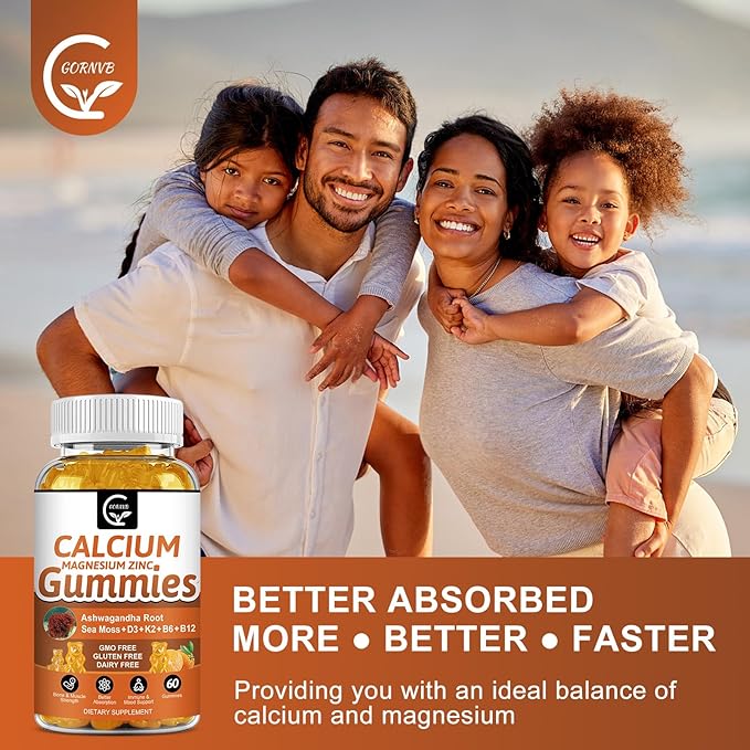 1200mg Calcium Gummies with Vitamin D3,K2,B12 & B6 - Plant Complex Calcium Magnesium Supplement with Glycinate,Potassium,Sea Moss,Ashwagandha Root for Bone & Teeth Strength, Muscle & Immune-2 Pack