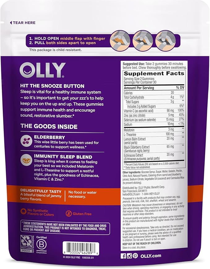 OLLY Immunity Sleep Gummy, Immune and Sleep Support, 3mg Melatonin, Echinacea, Zinc, Vitamin C, Chewable Supplement, Berry - 60 Count
