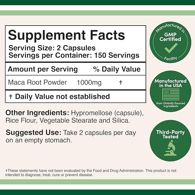 Maca Root Capsules for Women and Men, 300 Count (1,000mg of Black, Red, Yellow Maca Powder per Serving) Grown in Peru (for Energy, Performance, Motivation) by Double Wood