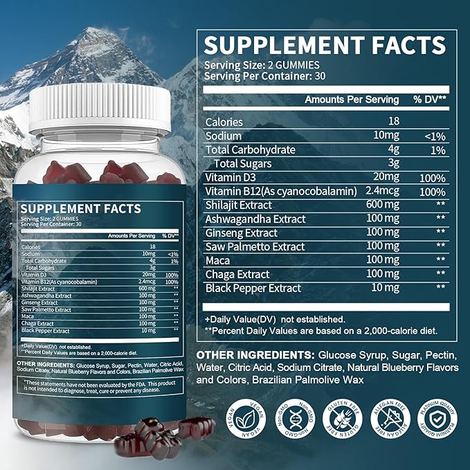 Himalayan Shilajit Gummies with 85+ Trace Minerals & Fulvic Acid for Energy, Immune, Cognitive Support High Potency Pure Natural Shilajit Supplement for Men & Women 60 Gummies (2 Packs)