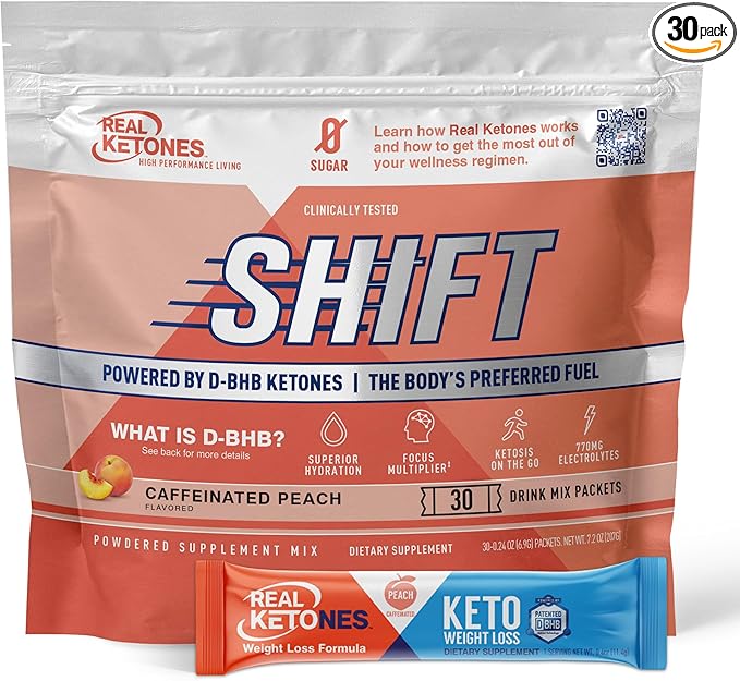 Real Ketones BHB Exogenous Ketones Drink Mix Packets Keto Electrolytes Powder Packets No Sugar with 4 Main Fasting Electrolytes Plus Hydrating Patented Keto BHB - 30 Count Peach Caffeine