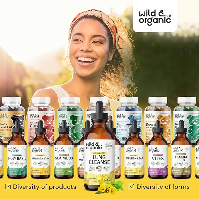Wild & Organic Lung Cleanse Tincture - Mullein Drops for Lungs - Herbal Lung Detox and Cleanse - Lung Support Supplement - Vegan, Alcohol Free Drops - 4 fl oz