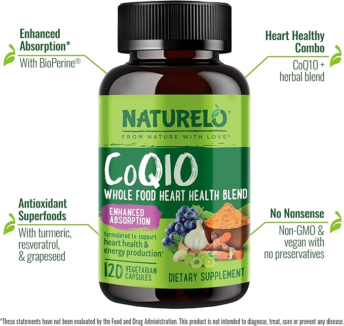 NATURELO Whole Food CoQ10 with Heart Health Blend, Powerful Antioxidant for Energy Production, 120 Capsules