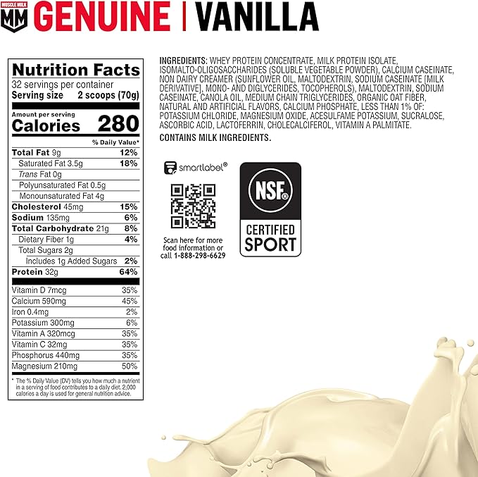 Muscle Milk Genuine Protein Powder, Vanilla Creme, 32g Protein, 4.94 Pound, 32 Servings