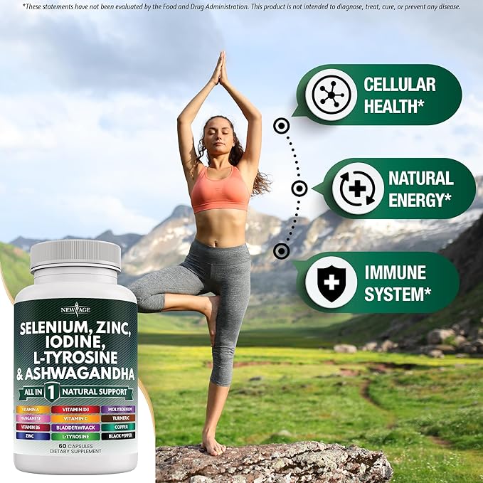 NEW AGE Selenium, Zinc, Iodine, L Tyrosine, Ashwagandha - Supplement for Women and Men with Bladderwrack, Turmeric, Silica Kelp, Schisandra - 120 Count
