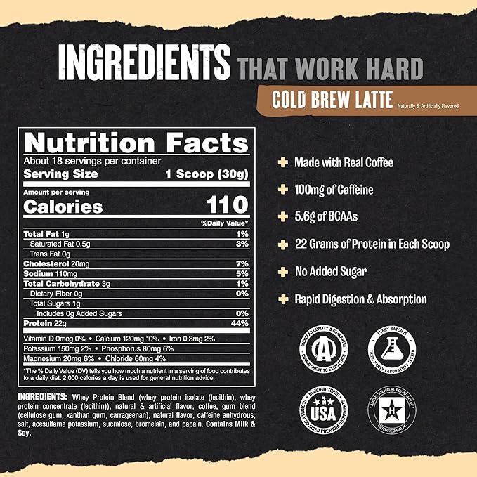 Animal Whey Protein Coffee Powder, Loaded with 22g of Protein, 100mg of Caffeine, and BCAAs for Pre & Post Workout Muscle Builder Recovery with Digestive Enzymes for Men & Women, Cold Brew Latte, 1 lb