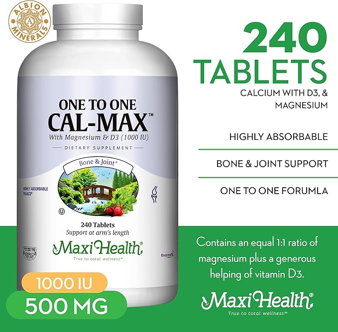Maxi Health 500 mg Calcium Supplement with Vitamin D3 (1000 IU) and Magnesium (500 mg) - Bone, Teeth and Joint Support for Men and Women - 240 Tablets