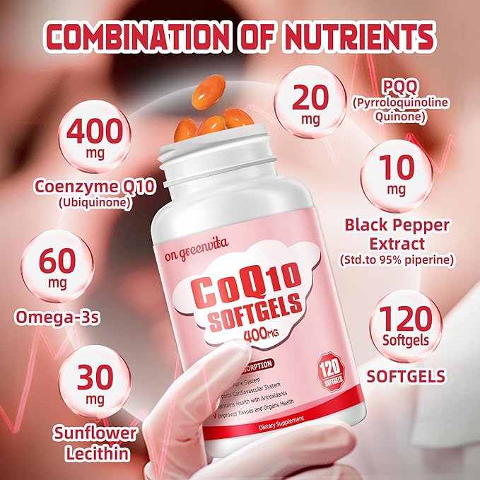 CoQ10-400mg-Softgels with PQQ, BioPerine & Omega-3, Coenzyme Q10(Ubiquinone) Supplement for High-Absorption, Powerful-Antioxidant, Support Heart & Energy-Production, 120 Servings