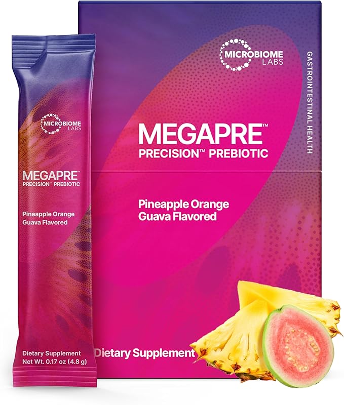 Microbiome Labs MegaPre Prebiotic Fiber Powder for Women, Men & Kids - Pre-Dosed Prebiotic Fiber Supplement Powder with Clinically Tested Oligosaccharides - Pineapple Orange Guava (30 Drink Packets)