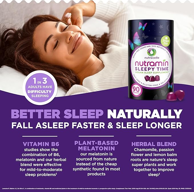 Nutramin Sleepy Time Gummy: The Vegan, Sugar-Free, Natural Melatonin 5mg for Longer Deeper Sleep - No Next-Day Grogginess, Non-Habit Forming Delicious & Drug-Free Allergy-Safe Herbal Sleep Gummies