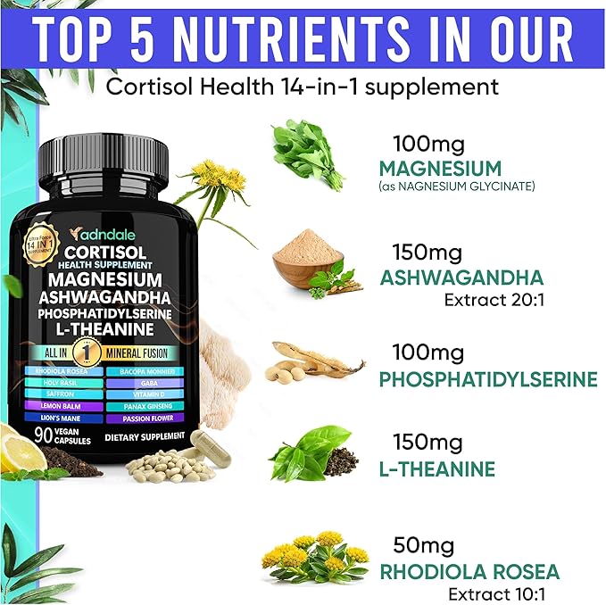 Cortisol Supplements for Women. Cortisol Manager 14-in-1 Formula with Ashwagandha, Magnesium Glycinate, L-Theanine & More. Support Stress Management & Stamina. 90 Capsules.