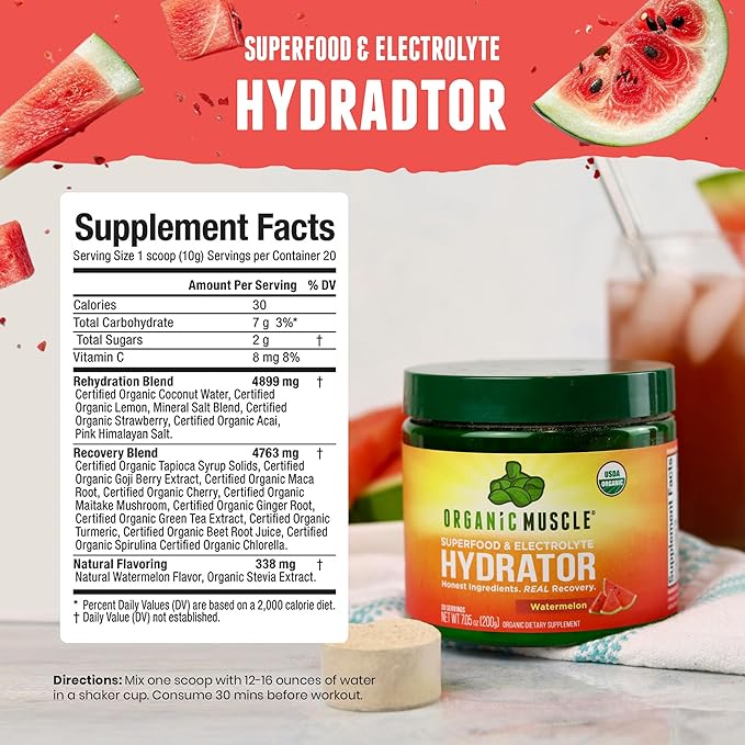 Organic Muscle Hydrator Electrolyte Powder, Watermelon - Vegan Intra & Post Workout Supplement for Natural Energy with Organic Superfoods & Antioxidants - Muscle Recovery Support - 20 Servings