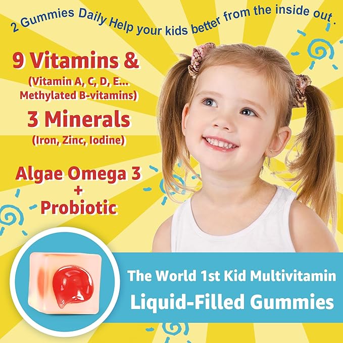 Kids Multivitamin Liquid Filled Gummies, Kids Vitamins for Ages 4+ with Probiotic, Omega 3, Iron, Support Immune & Brain Health, Digestive Health, Non GMO, Gluten Free, Chewable Fruit Flavor