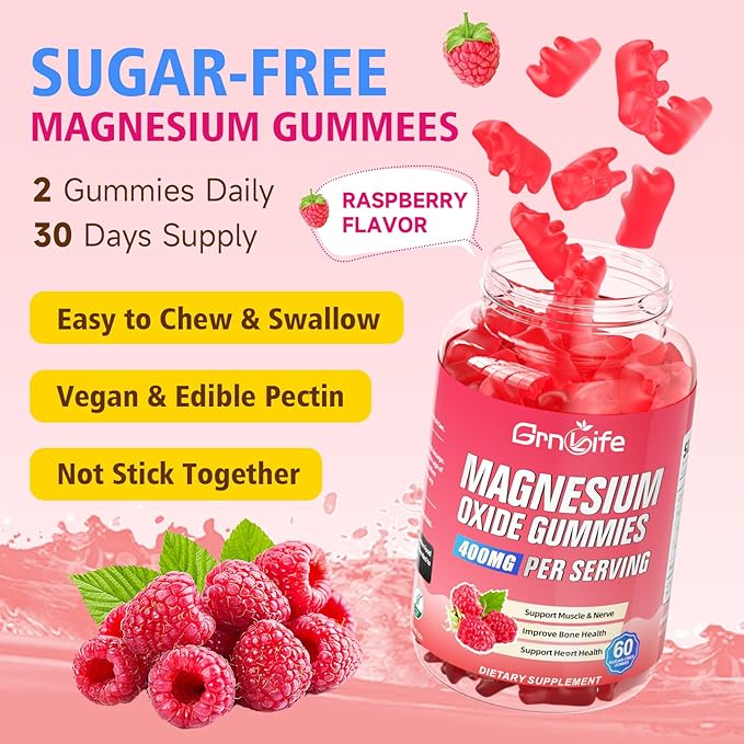 2 Pack Magnesium Oxide Gummies 400mg, Chewable Magnesium Oxide Supplement for Adults & Kids, Nerve & Muscle Support, Vegan, Raspberry Flavor, 120 Count