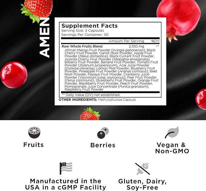 Amen Fruits, Daily Fruits Vitamins Supplements, Over 20 Whole Fruit Extracts - Raw Multivitamin, Berries, Antioxidant Polyphenols Superfood & Flavonoids - Tropical Fruits - Non-GMO - 90 Capsules