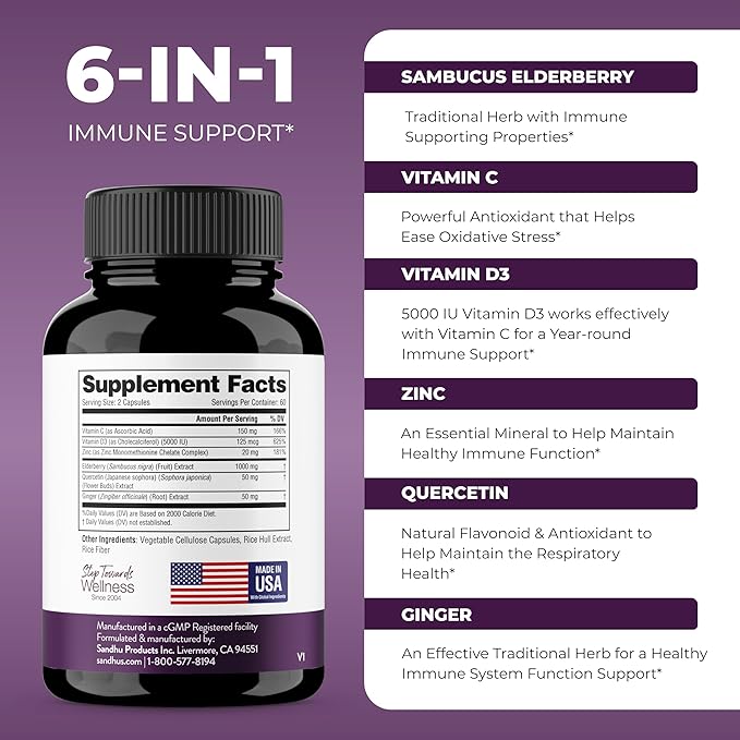 Elderberry Vitamin C and Zinc 120 Capsules (Pack of 2) | with Quercetin and Vitamin D3 | Immune Support for Adults | Herbal Supplement for Men and Women