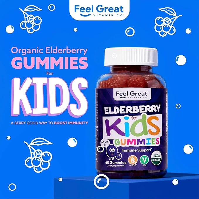 USDA Organic Elderberry Gummies for Kids | Immune Support Elderberry with Zinc and Vitamin C - Gluten Free & Vegan Children's Vitamins - 60 Count | Sambucus Nigra Supplement