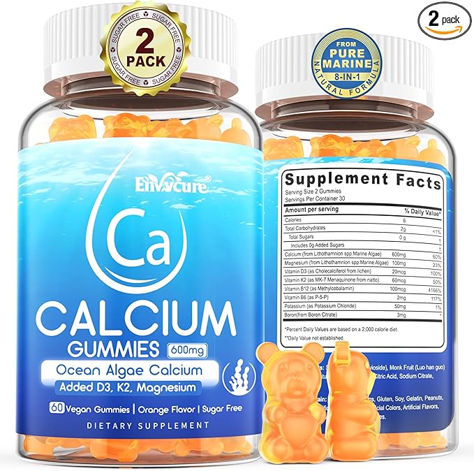 Calcium Gummies 600mg - Ocean Algae Calcium | Vitamin D3, K2, Magnesium, B6 for Bone Strength, Muscle & Immnue | Sustainably Sourced Plant Based Calcium Supplement, 70+ Trace Minerals, Vegan, 2 Pack