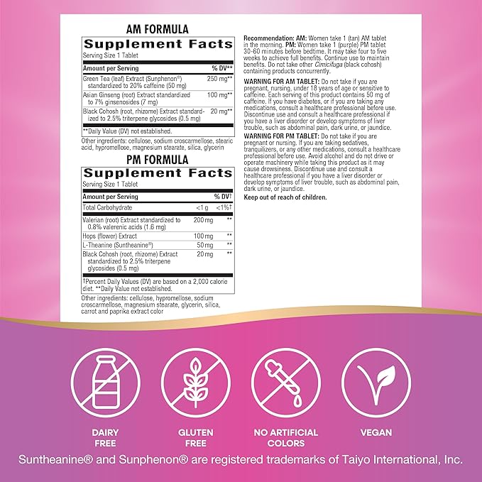 Nature's Way AM/ PM Menopause, Hot Flash Relief*, Night Sweats*, Restful Sleep*, Mood Swings*, Hormone-Free Formulas with Black Cohosh, L-Theanine, Valerian, 60 Tablets (Packaging May Vary)