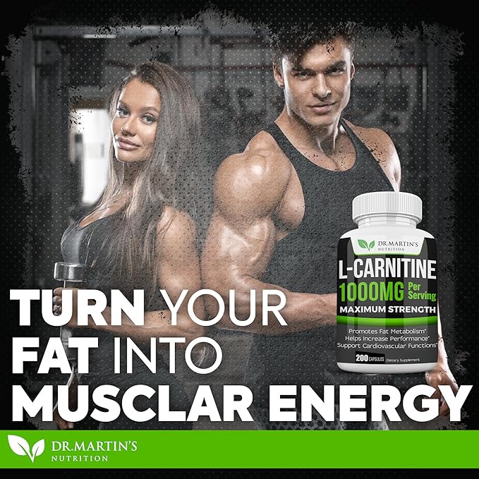 DR. MARTIN'S NUTRITION Extra Strength L-Carnitine - 200 Capsules - 1000mg Per Serving - Boost Your Metabolism and Increase Performance