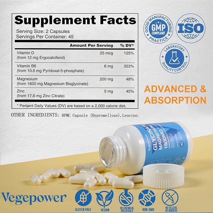 Magnesium Glycinate 1600mg Supplements - with Vitamin B6 & Zinc, Vitamin D3, Chelated Magnesium for Sleep, Muscle, Bone and Immune Health, High Absorption Magnesio, Non-GMO, Vegan 90 Capsules