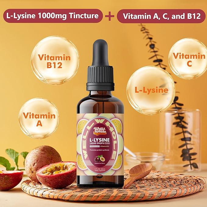 L-Lysine Supplement Liquid Drops | L-Lysine Vitamins 1000mg Tincture with Vitamin A, C, and B12 | Immune Support, Skin & Lips Health, Collagen Synthesis & Muscle Recovery | Non-GMO, Vegan,2 Fl Oz