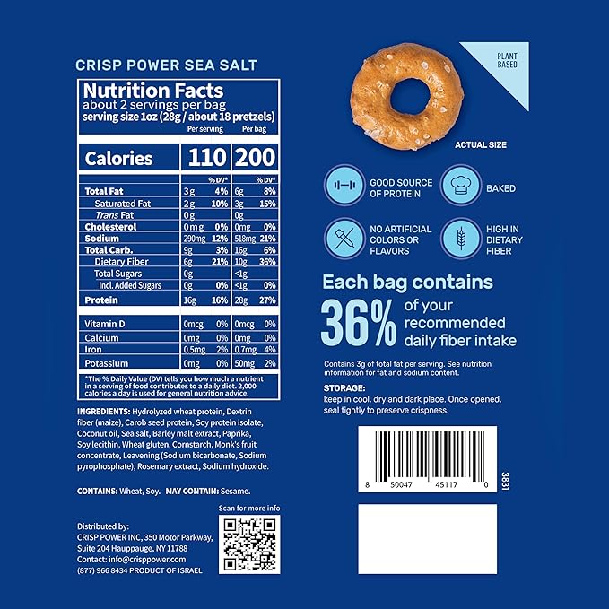 Crisp Power High Protein Pretzel Crisps - 6 Pack x 1.75 oz Crunchy & Flavorful Plant-Based Snack. No Sugar, 28g Protein Per Pack in 3 Savory Flavors, Vegan, Keto Friendly, Non-GMO, Kosher Non-Dairy (1.75 Ounce (Pack of 6), Sea Salt)