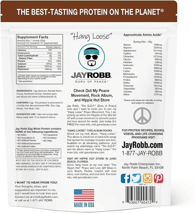 Jay Robb Chocolate Egg White Protein Powder, Low Carb, Keto, Vegetarian, Gluten Free, Lactose Free, No Sugar Added, No Fat, No Soy, Nothing Artificial, Non-GMO, Best-Tasting, (24 oz, Chocolate)