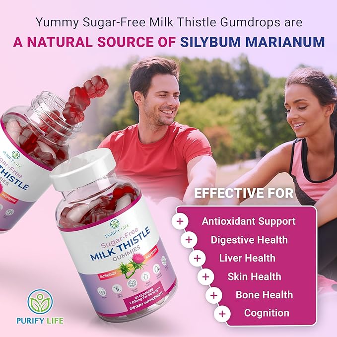 Purify Life Sugar-Free Milk Thistle Gummies for Liver Cleanse, Detox & Cell Repair (1000mg/serv) Cardo Mariano, Milk Thistle Extract & Antioxidant Support, Vegan, Replaces Pills & Capsules
