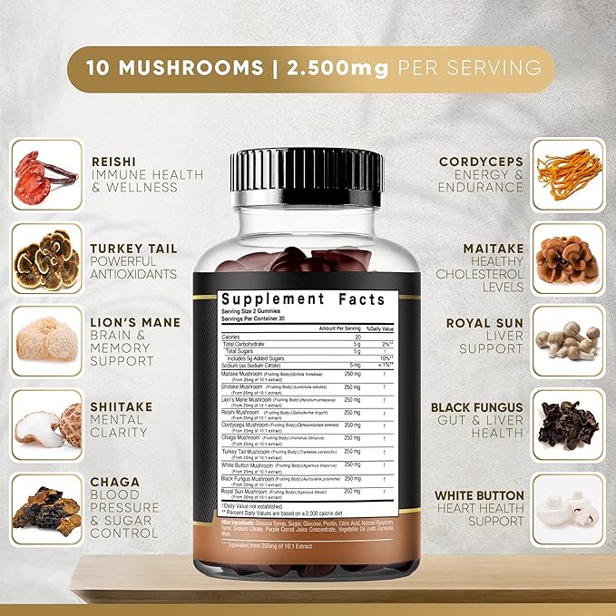 Mushroom Gummies | 10 Mushroom Supplement - 2500mg - Turkey Tail, Chaga, Reishi, Cordyceps & Lions Mane Organic Mushroom Extracts, Nootropic Brain Booster For Focus, Memory, Clarity, Energy | 60ct