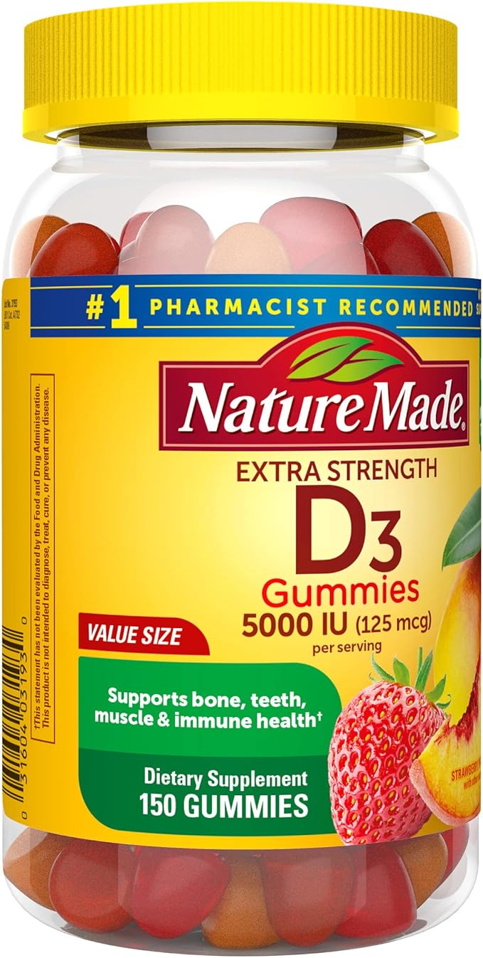 Nature Made Extra Strength Vitamin D3 5000 IU (125 mcg) per Serving, Dietary Supplement for Bone, Teeth, Muscle and Immune Health Support, 150 Gummies, 75 Day Supply (Pack of 2)